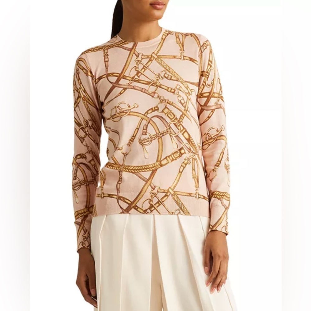 Ralph Lauren Pink and Gold Chain-Print Crewneck Sweater